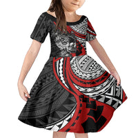 Personalised Polynesia Skull Family Matching Short Sleeve Bodycon Dress and Hawaiian Shirt Tattoo In The Style Of Maori With Marine Life Red LT9 Daughter's Dress Red - Polynesian Pride