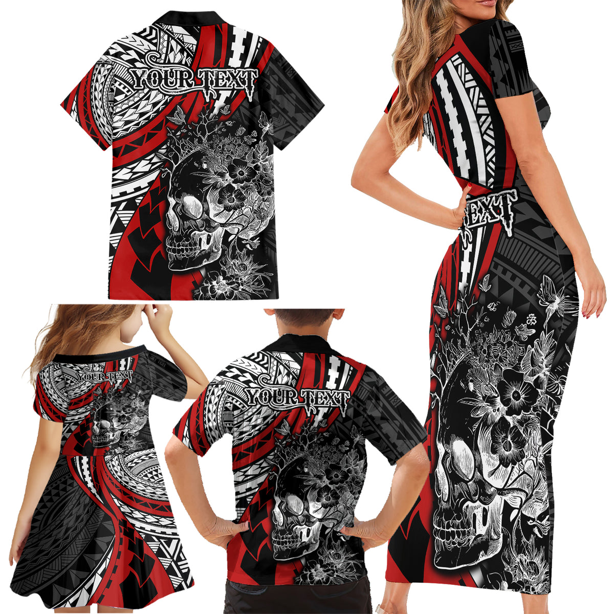 Personalised Polynesia Skull Family Matching Short Sleeve Bodycon Dress and Hawaiian Shirt Tattoo In The Style Of Maori With Marine Life Red LT9 - Polynesian Pride
