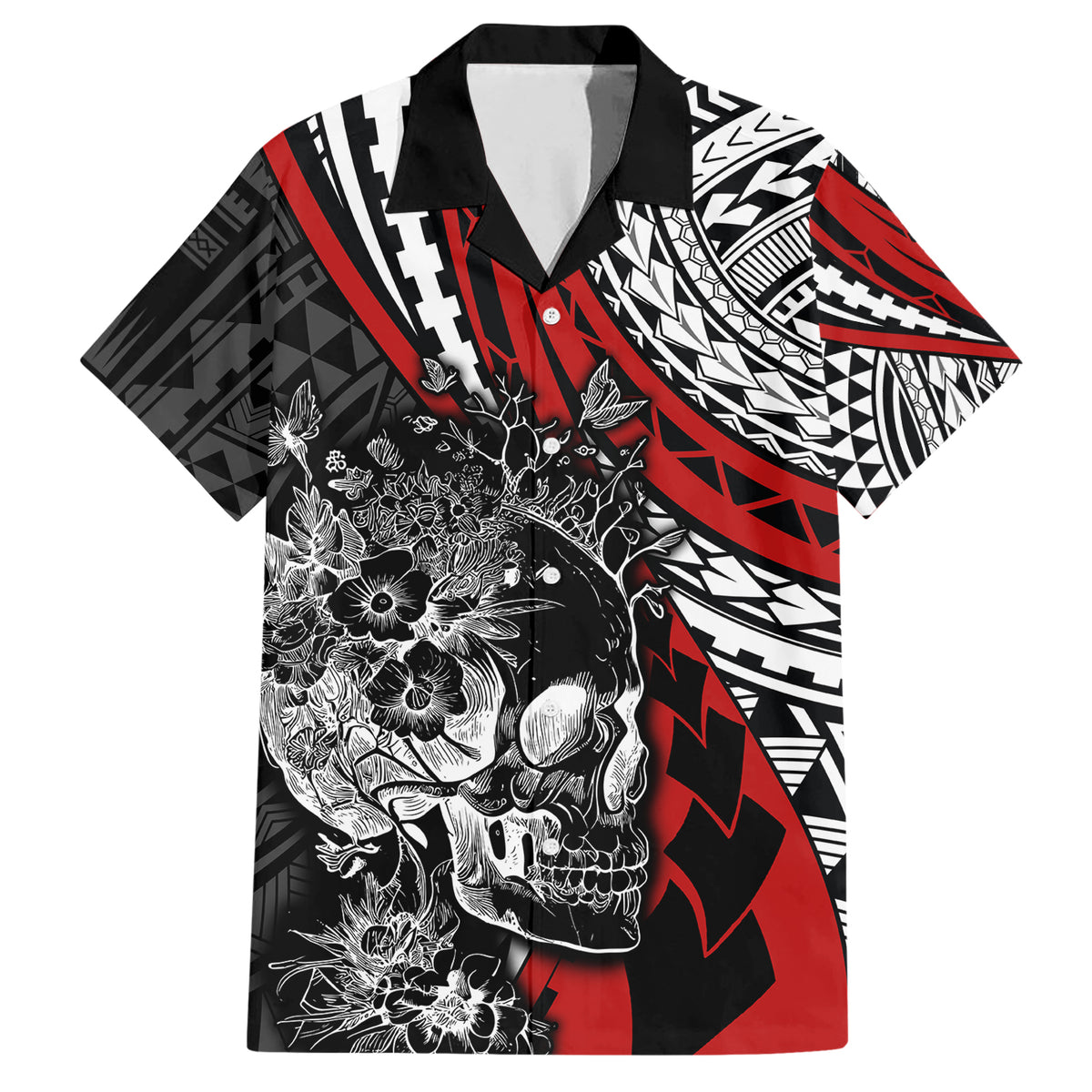 Personalised Polynesia Skull Family Matching Short Sleeve Bodycon Dress and Hawaiian Shirt Tattoo In The Style Of Maori With Marine Life Red LT9 Dad's Shirt - Short Sleeve Red - Polynesian Pride
