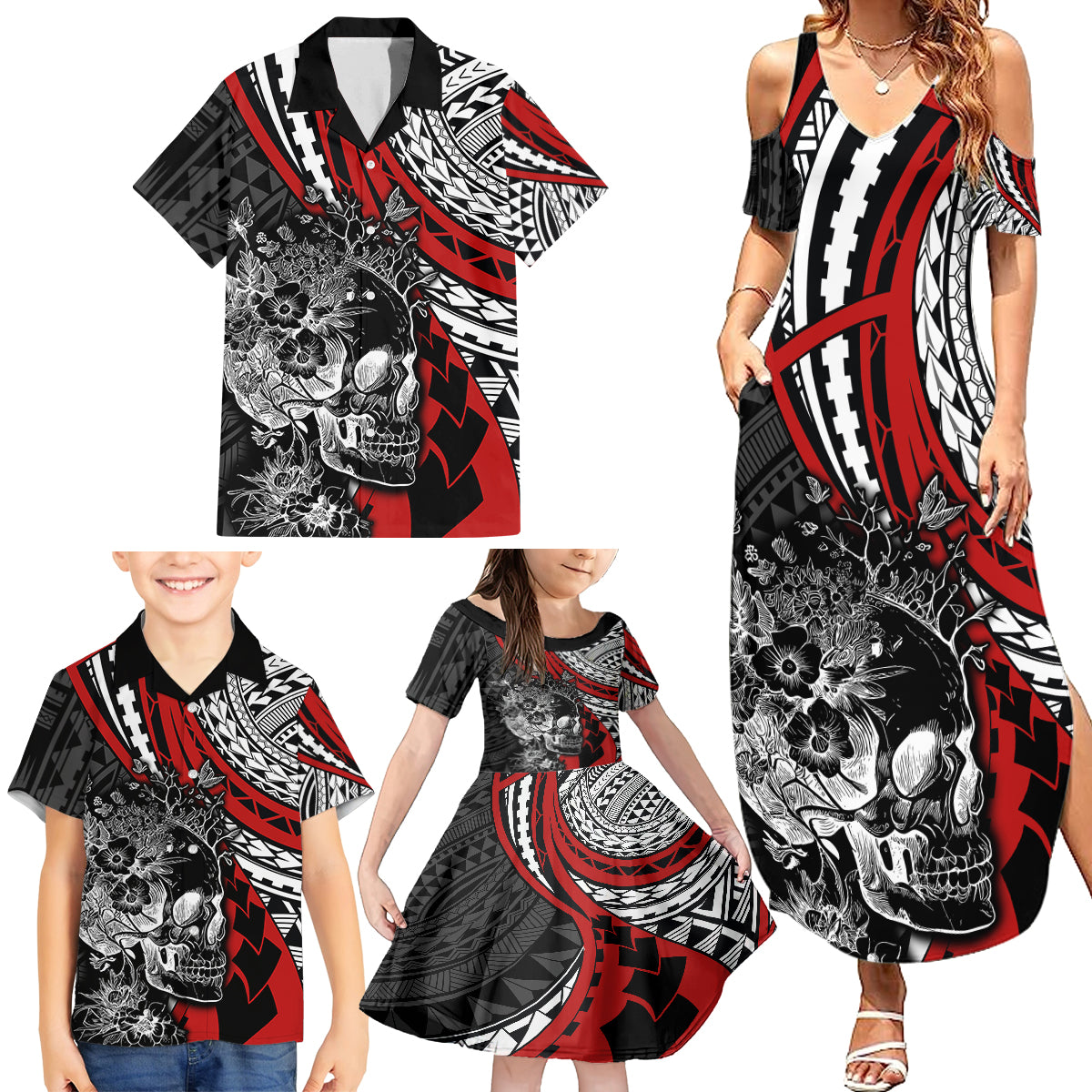 Personalised Polynesia Skull Family Matching Summer Maxi Dress and Hawaiian Shirt Tattoo In The Style Of Maori With Marine Life Red LT9 - Polynesian Pride