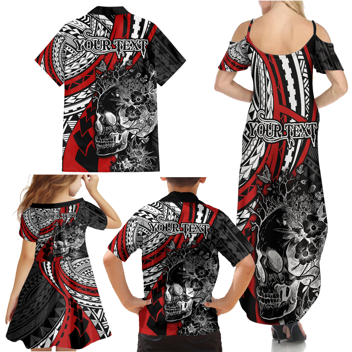 Personalised Polynesia Skull Family Matching Summer Maxi Dress and Hawaiian Shirt Tattoo In The Style Of Maori With Marine Life Red LT9 - Polynesian Pride