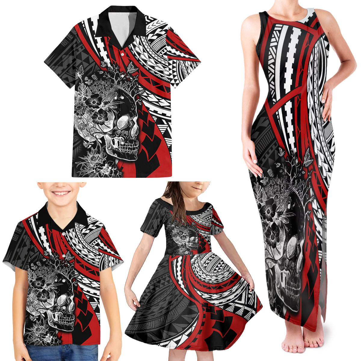 Personalised Polynesia Skull Family Matching Tank Maxi Dress and Hawaiian Shirt Tattoo In The Style Of Maori With Marine Life Red LT9 - Polynesian Pride