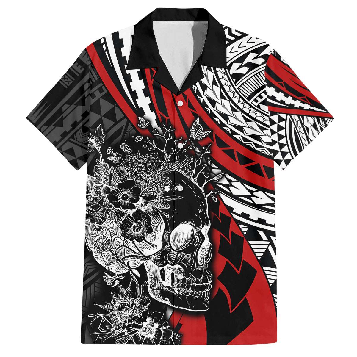 Personalised Polynesia Skull Family Matching Tank Maxi Dress and Hawaiian Shirt Tattoo In The Style Of Maori With Marine Life Red LT9 Dad's Shirt - Short Sleeve Red - Polynesian Pride