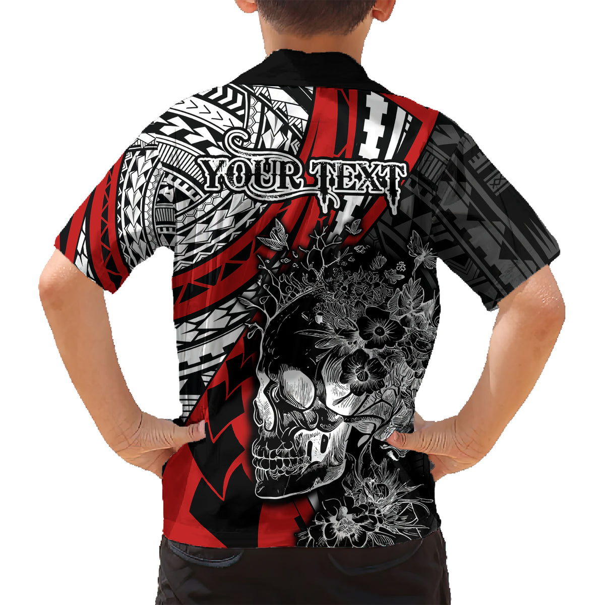 Personalised Polynesia Skull Kid Hawaiian Shirt Tattoo In The Style Of Maori With Marine Life Red LT9 - Polynesian Pride