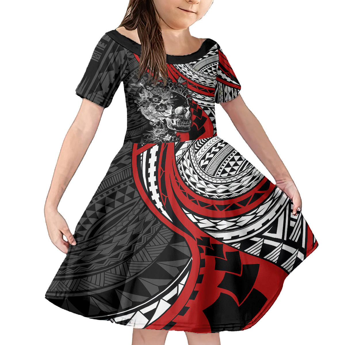 Personalised Polynesia Skull Kid Short Sleeve Dress Tattoo In The Style Of Maori With Marine Life Red LT9 KID Red - Polynesian Pride