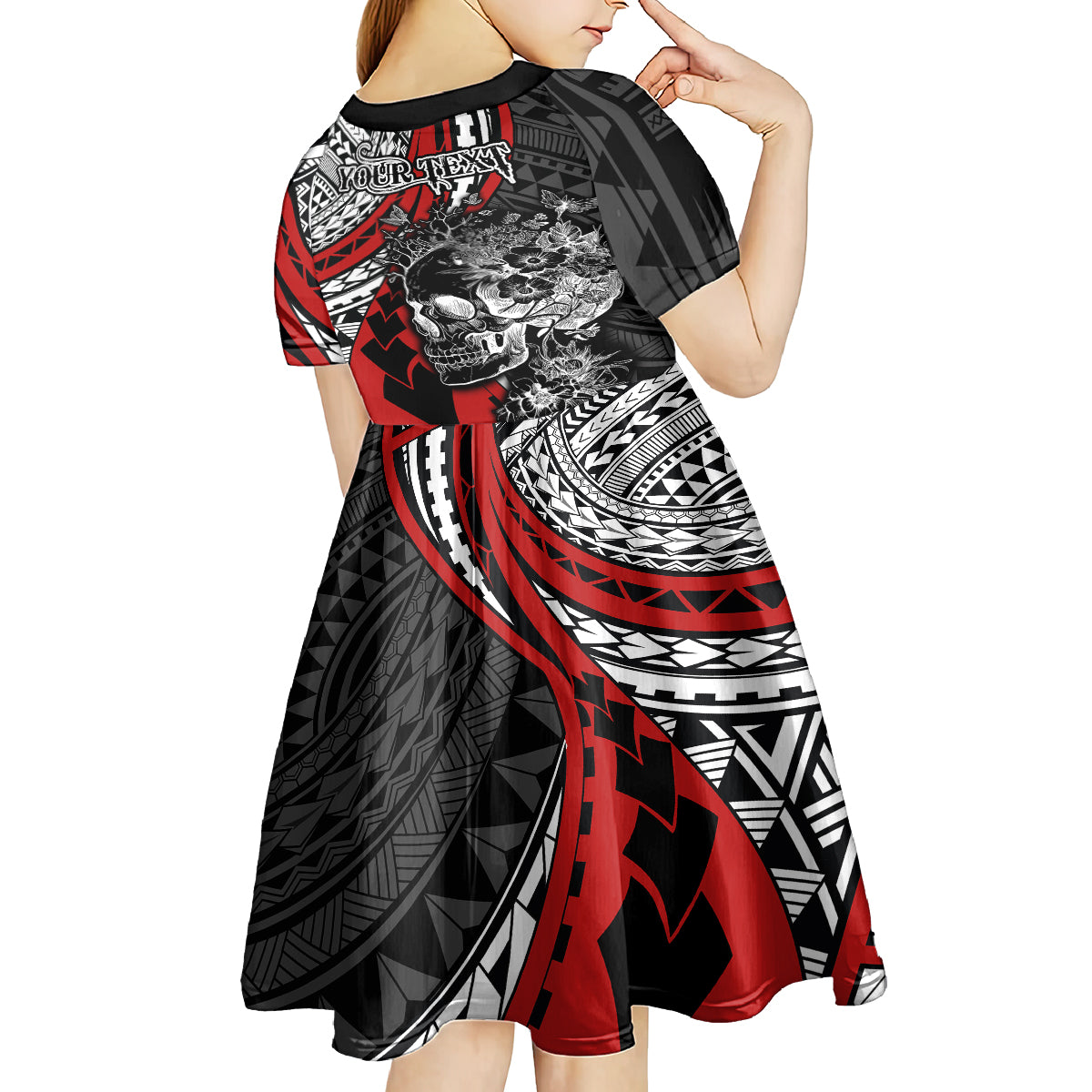 Personalised Polynesia Skull Kid Short Sleeve Dress Tattoo In The Style Of Maori With Marine Life Red LT9 - Polynesian Pride