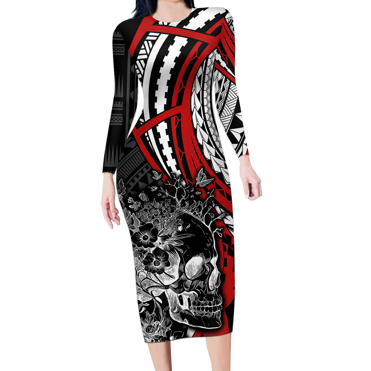 Personalised Polynesia Skull Long Sleeve Bodycon Dress Tattoo In The Style Of Maori With Marine Life Red LT9 Long Dress Red - Polynesian Pride