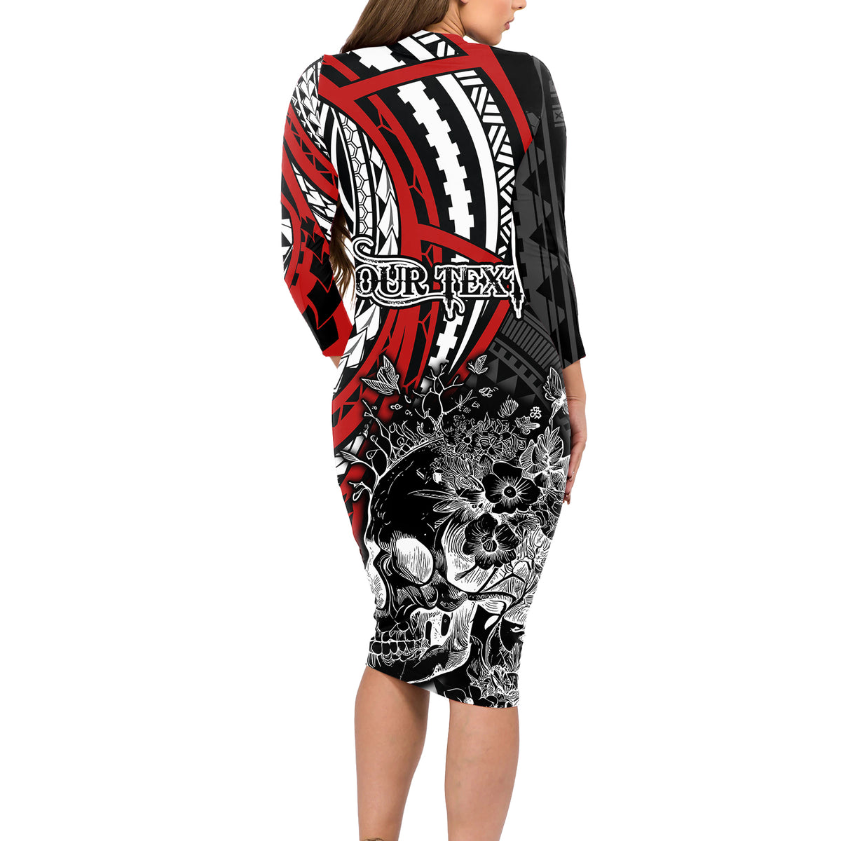 Personalised Polynesia Skull Long Sleeve Bodycon Dress Tattoo In The Style Of Maori With Marine Life Red LT9 - Polynesian Pride