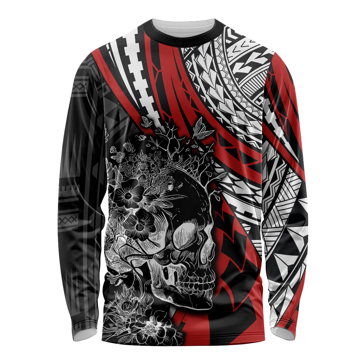 Personalised Polynesia Skull Long Sleeve Shirt Tattoo In The Style Of Maori With Marine Life Red LT9 Unisex Red - Polynesian Pride