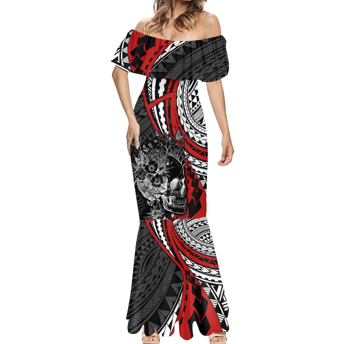 Personalised Polynesia Skull Mermaid Dress Tattoo In The Style Of Maori With Marine Life Red LT9 - Polynesian Pride