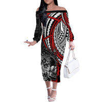 Personalised Polynesia Skull Off The Shoulder Long Sleeve Dress Tattoo In The Style Of Maori With Marine Life Red LT9 Women Red - Polynesian Pride