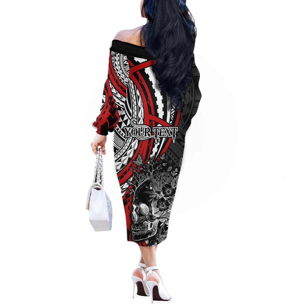 Personalised Polynesia Skull Off The Shoulder Long Sleeve Dress Tattoo In The Style Of Maori With Marine Life Red LT9 - Polynesian Pride