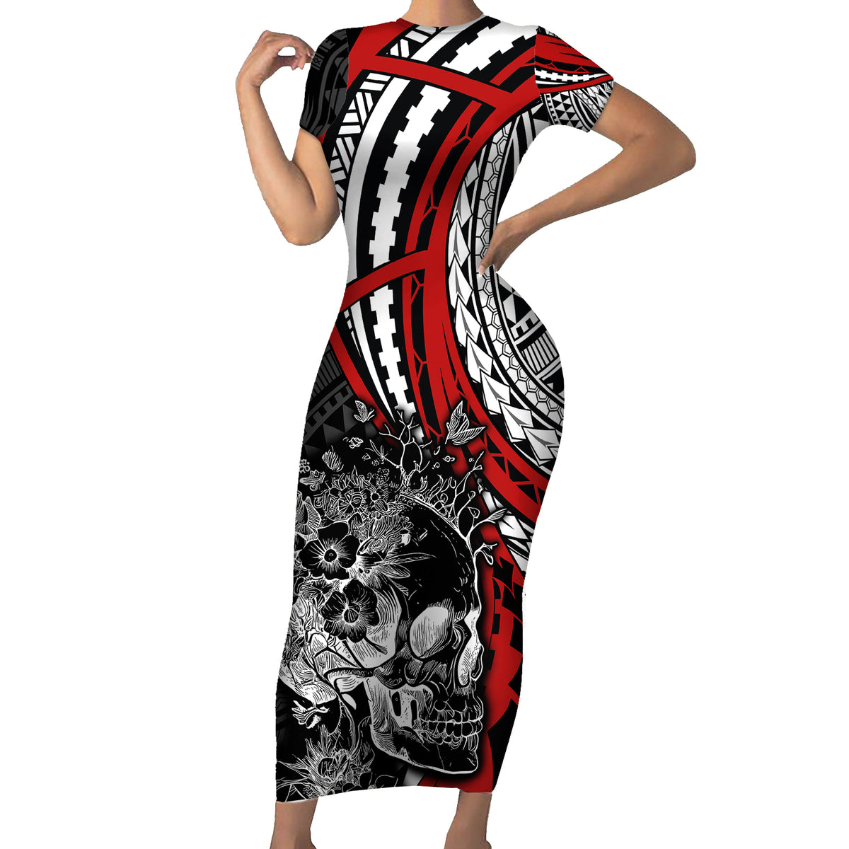 Personalised Polynesia Skull Short Sleeve Bodycon Dress Tattoo In The Style Of Maori With Marine Life Red LT9 Long Dress Red - Polynesian Pride