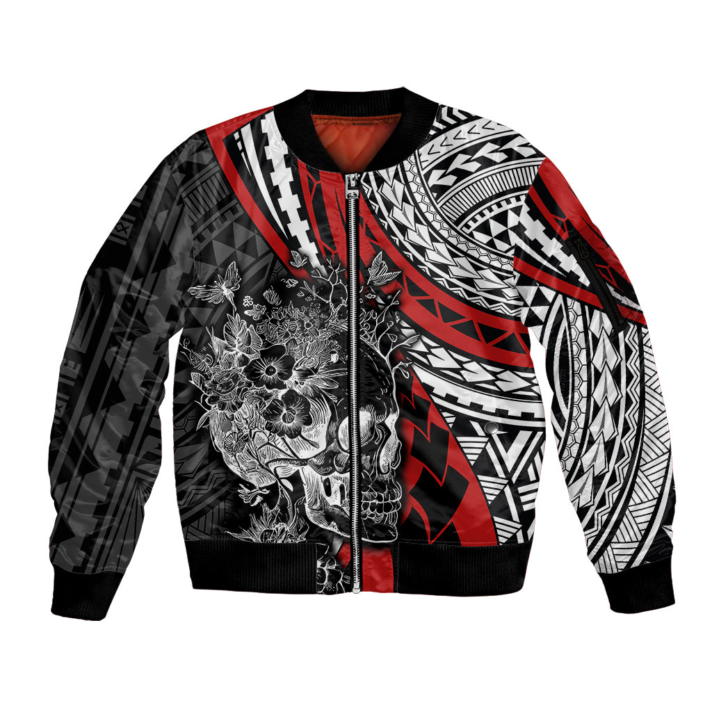 Personalised Polynesia Skull Sleeve Zip Bomber Jacket Tattoo In The Style Of Maori With Marine Life Red LT9 Unisex Red - Polynesian Pride