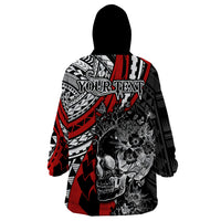 Personalised Polynesia Skull Wearable Blanket Hoodie Tattoo In The Style Of Maori With Marine Life Red LT9 - Polynesian Pride