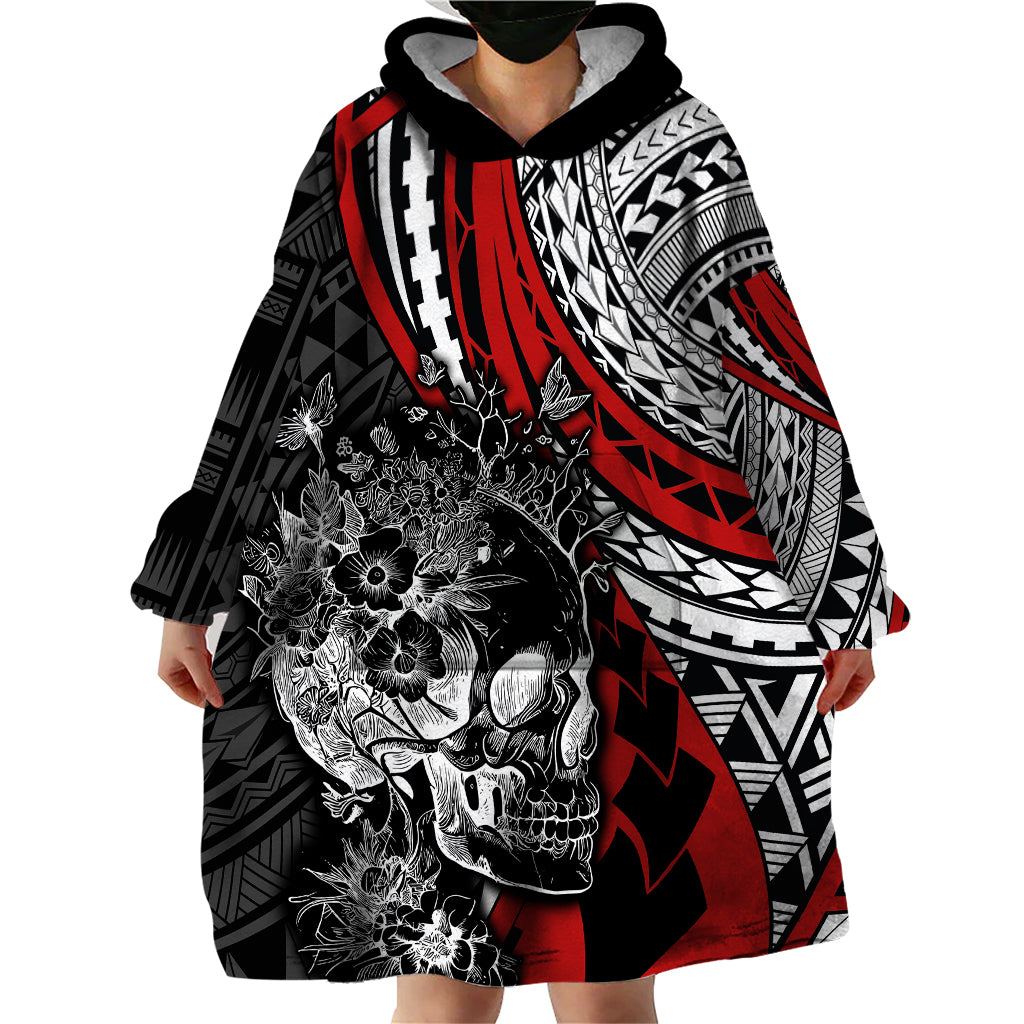 Personalised Polynesia Skull Wearable Blanket Hoodie Tattoo In The Style Of Maori With Marine Life Red LT9 - Polynesian Pride