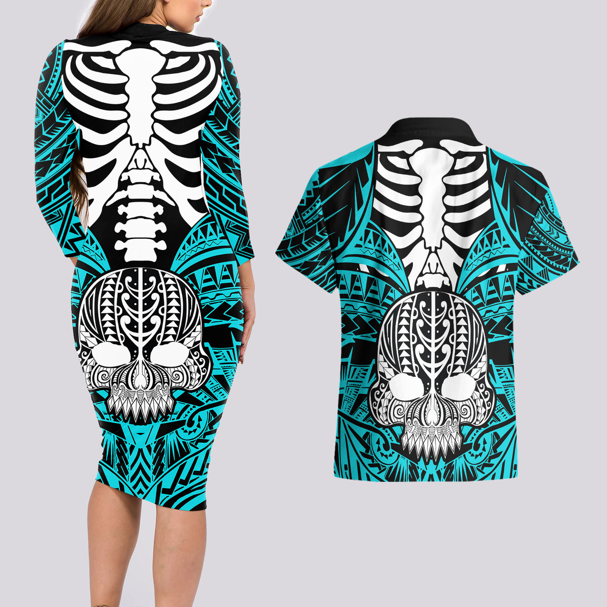 Personalised Polynesia Skull Couples Matching Long Sleeve Bodycon Dress and Hawaiian Shirt With Boars Tusk Aqua Arty Vibe LT9 - Polynesian Pride