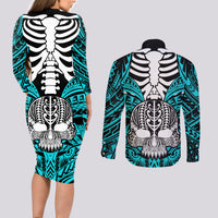personalised-polynesia-skull-couples-matching-long-sleeve-bodycon-dress-and-long-sleeve-button-shirts-with-boars-tusk-aqua-arty-vibe
