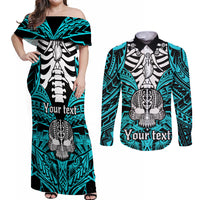 Personalised Polynesia Skull Couples Matching Off Shoulder Maxi Dress and Long Sleeve Button Shirts With Boars Tusk Aqua Arty Vibe LT9 Aqua - Polynesian Pride