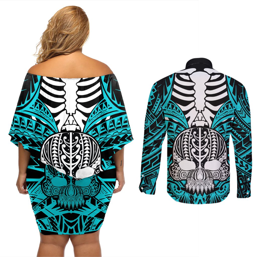 personalised-polynesia-skull-couples-matching-off-shoulder-short-dress-and-long-sleeve-button-shirts-with-boars-tusk-aqua-arty-vibe
