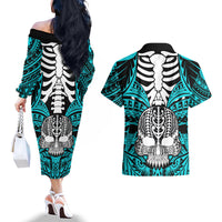 Personalised Polynesia Skull Couples Matching Off The Shoulder Long Sleeve Dress and Hawaiian Shirt With Boars Tusk Aqua Arty Vibe LT9 - Polynesian Pride