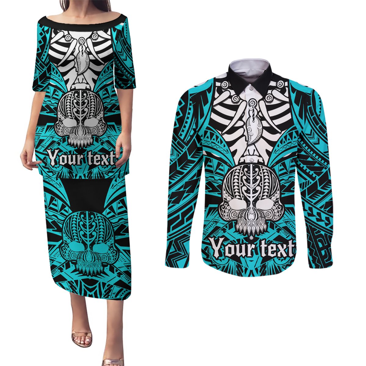 personalised-polynesia-skull-couples-matching-puletasi-dress-and-long-sleeve-button-shirts-with-boars-tusk-aqua-arty-vibe