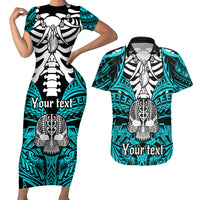 Personalised Polynesia Skull Couples Matching Short Sleeve Bodycon Dress and Hawaiian Shirt With Boars Tusk Aqua Arty Vibe LT9 Aqua - Polynesian Pride