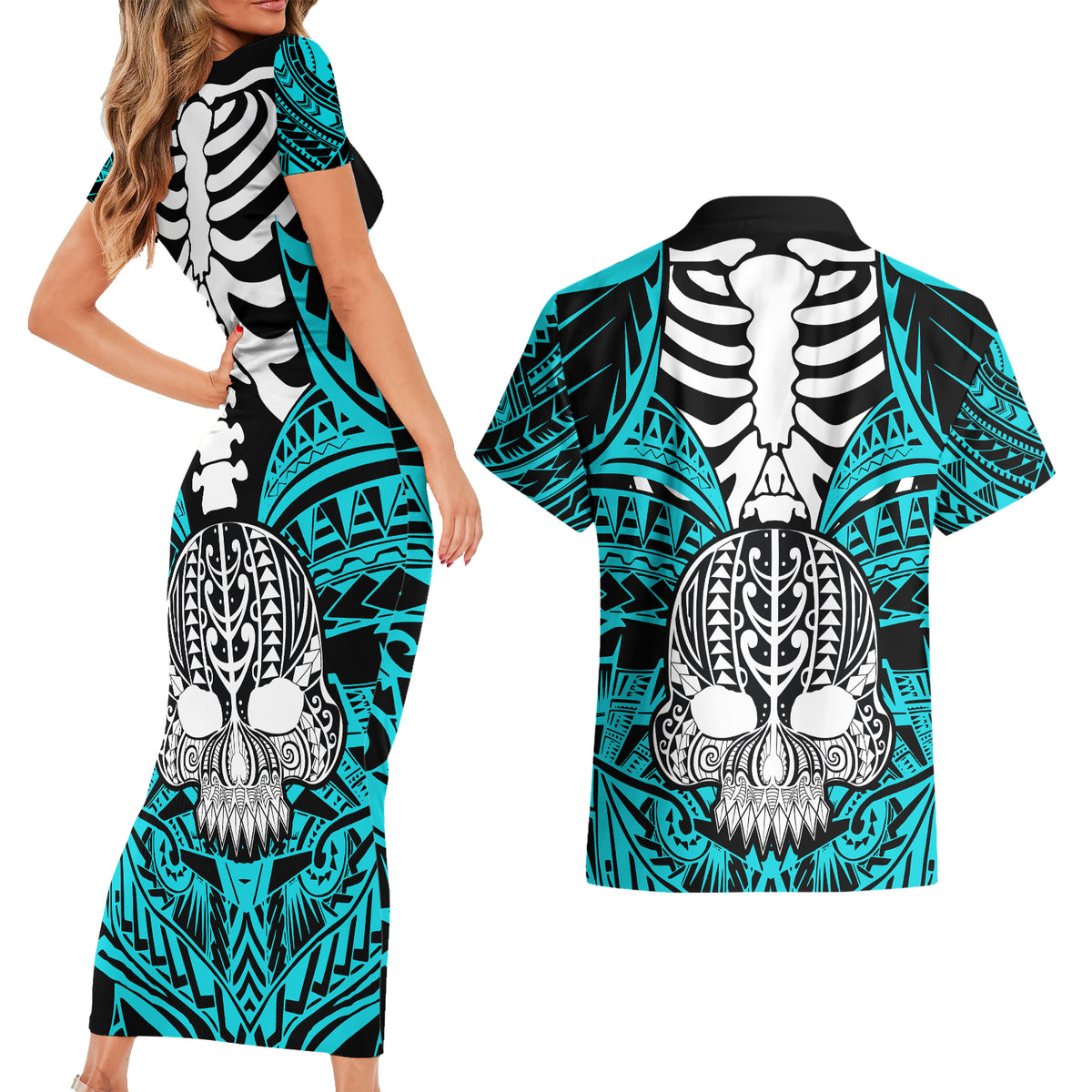 Personalised Polynesia Skull Couples Matching Short Sleeve Bodycon Dress and Hawaiian Shirt With Boars Tusk Aqua Arty Vibe LT9 - Polynesian Pride