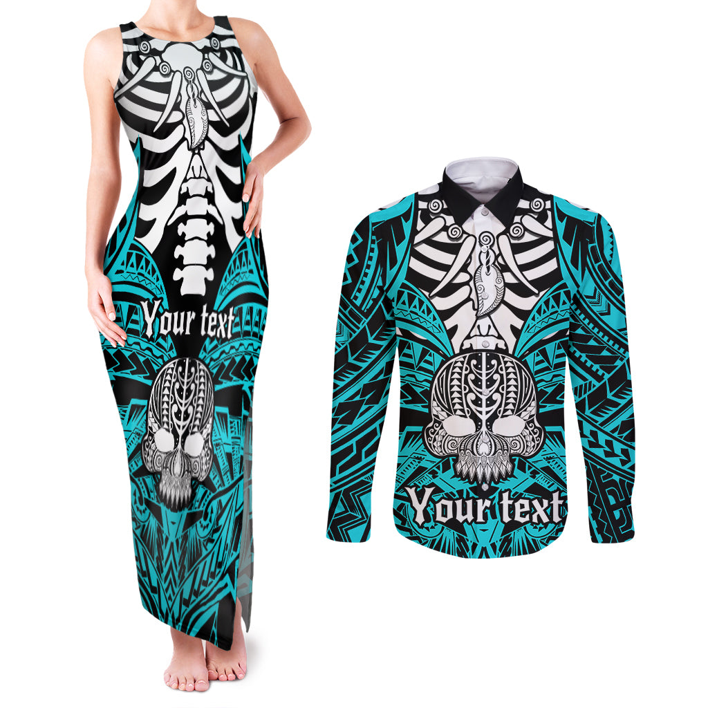 personalised-polynesia-skull-couples-matching-tank-maxi-dress-and-long-sleeve-button-shirts-with-boars-tusk-aqua-arty-vibe