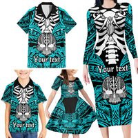 Personalised Polynesia Skull Family Matching Long Sleeve Bodycon Dress and Hawaiian Shirt With Boars Tusk Aqua Arty Vibe LT9 - Polynesian Pride