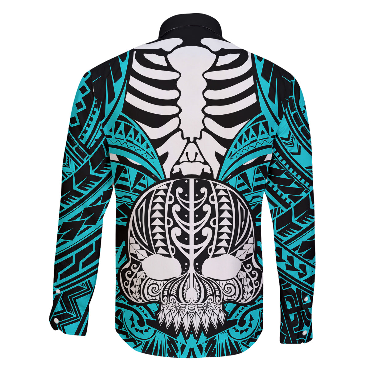 Personalised Polynesia Skull Family Matching Long Sleeve Bodycon Dress and Hawaiian Shirt With Boars Tusk Aqua Arty Vibe LT9 - Polynesian Pride