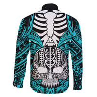 Personalised Polynesia Skull Family Matching Long Sleeve Bodycon Dress and Hawaiian Shirt With Boars Tusk Aqua Arty Vibe LT9 - Polynesian Pride