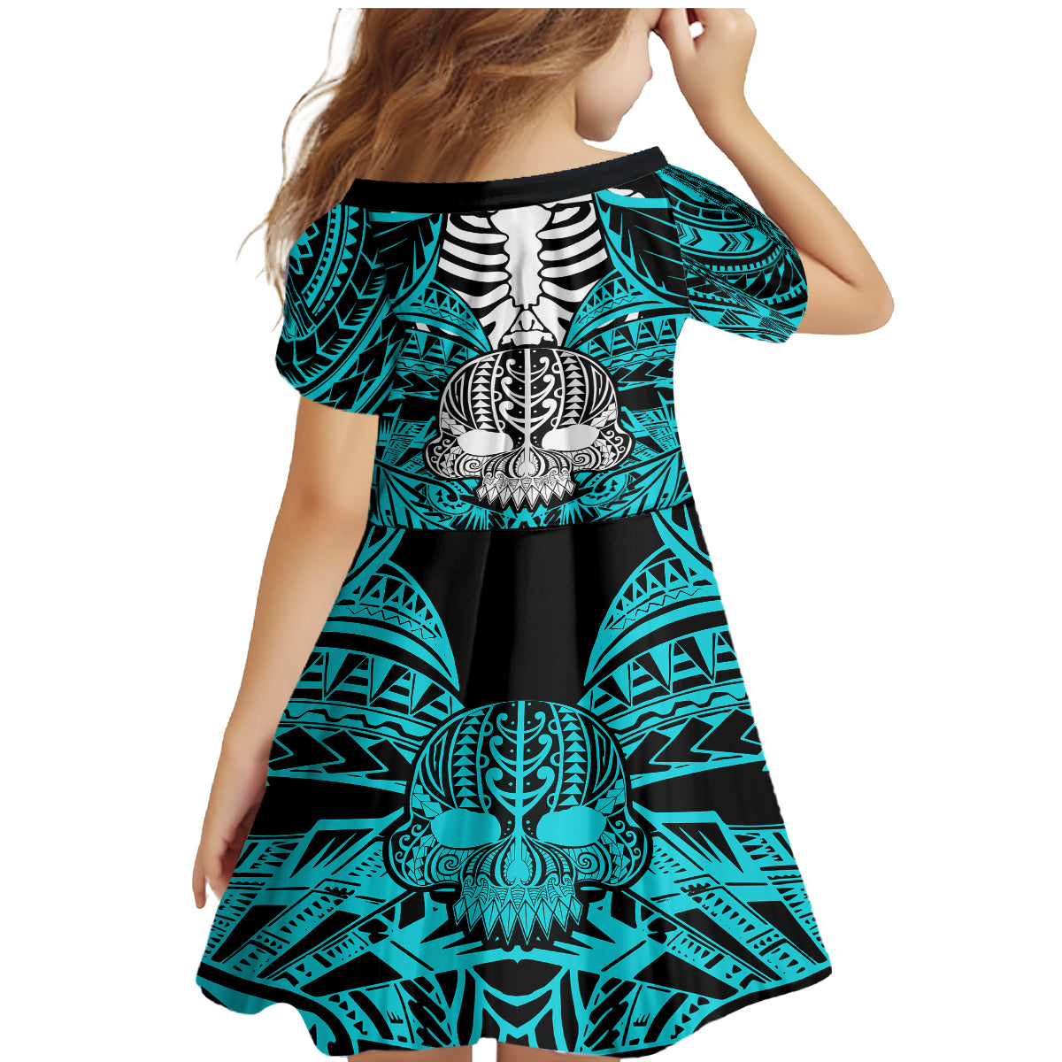 Personalised Polynesia Skull Family Matching Mermaid Dress and Hawaiian Shirt With Boars Tusk Aqua Arty Vibe LT9 - Polynesian Pride