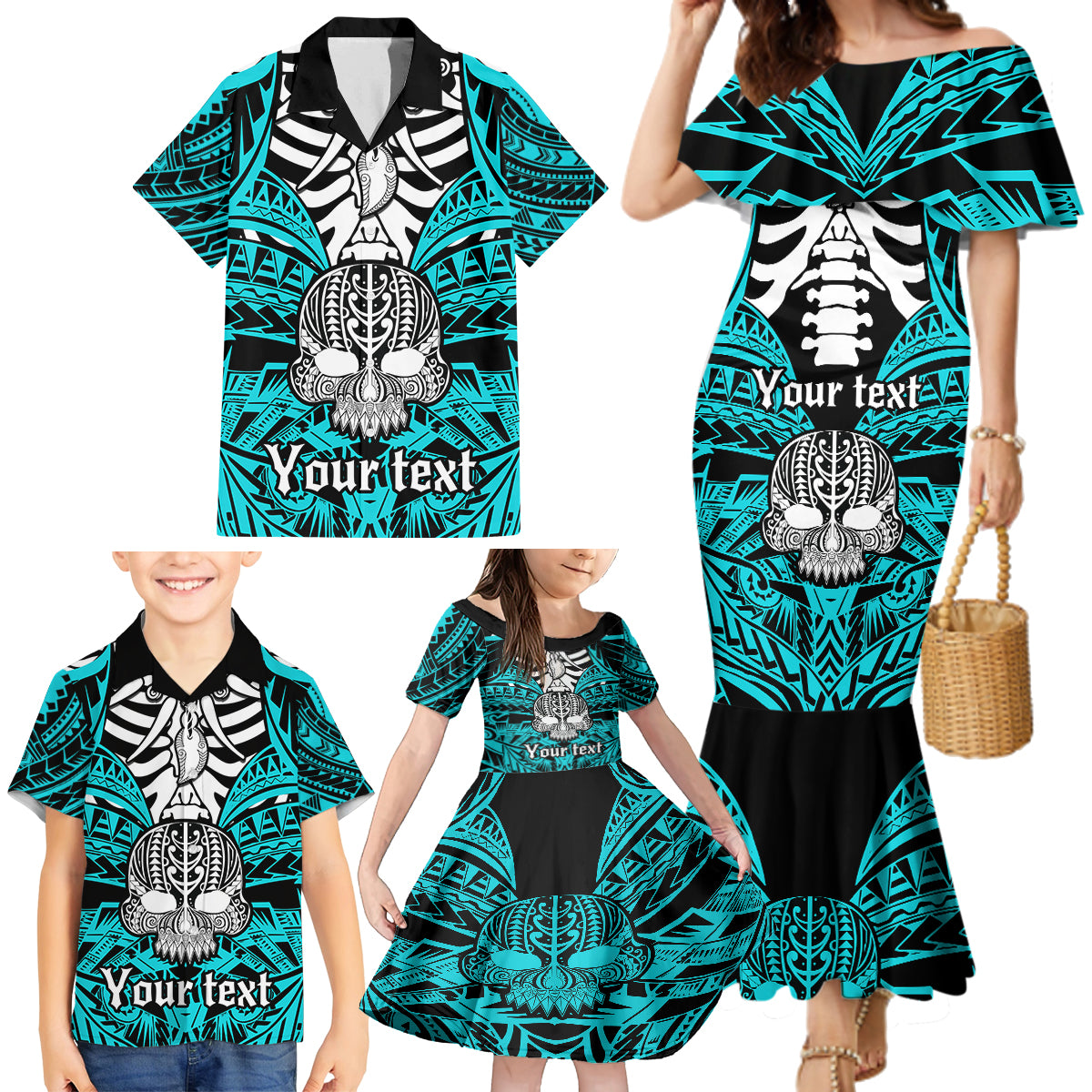 Personalised Polynesia Skull Family Matching Mermaid Dress and Hawaiian Shirt With Boars Tusk Aqua Arty Vibe LT9 - Polynesian Pride