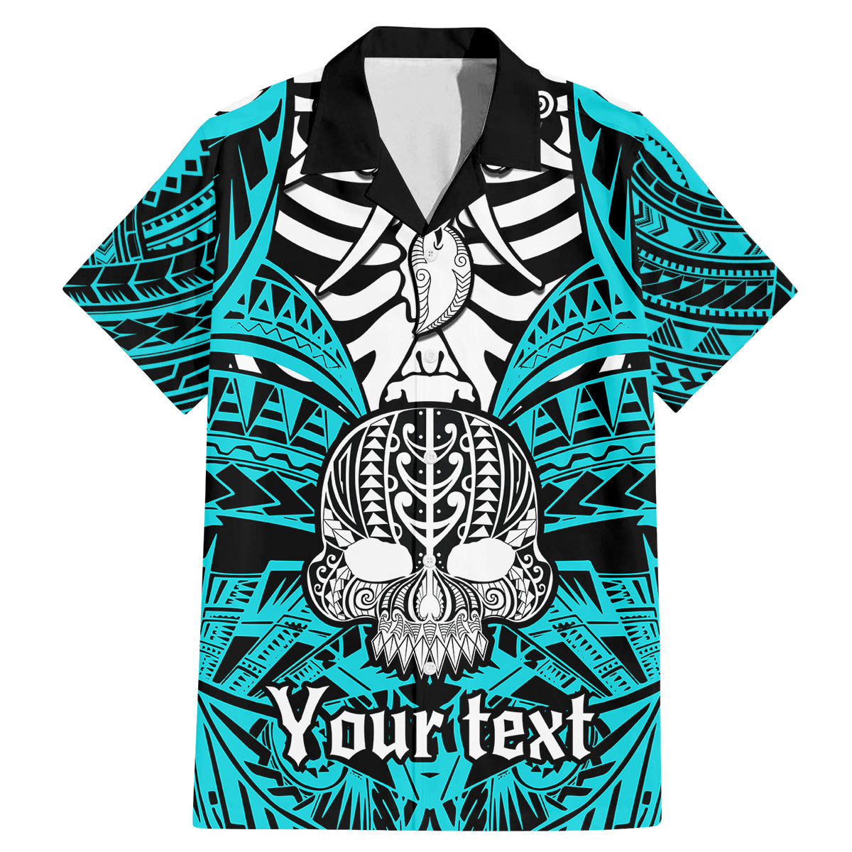 Personalised Polynesia Skull Family Matching Mermaid Dress and Hawaiian Shirt With Boars Tusk Aqua Arty Vibe LT9 Dad's Shirt - Short Sleeve Aqua - Polynesian Pride