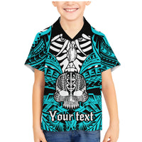 Personalised Polynesia Skull Family Matching Mermaid Dress and Hawaiian Shirt With Boars Tusk Aqua Arty Vibe LT9 Son's Shirt Aqua - Polynesian Pride