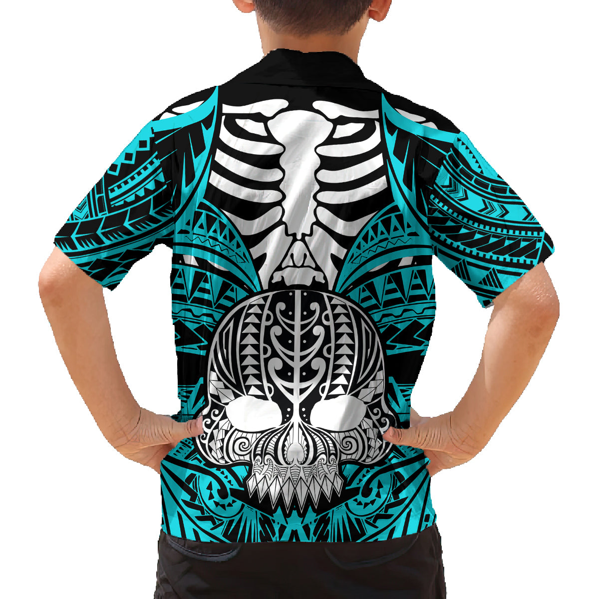 Personalised Polynesia Skull Family Matching Off Shoulder Long Sleeve Dress and Hawaiian Shirt With Boars Tusk Aqua Arty Vibe LT9 - Polynesian Pride