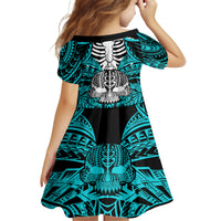 Personalised Polynesia Skull Family Matching Off Shoulder Long Sleeve Dress and Hawaiian Shirt With Boars Tusk Aqua Arty Vibe LT9 - Polynesian Pride