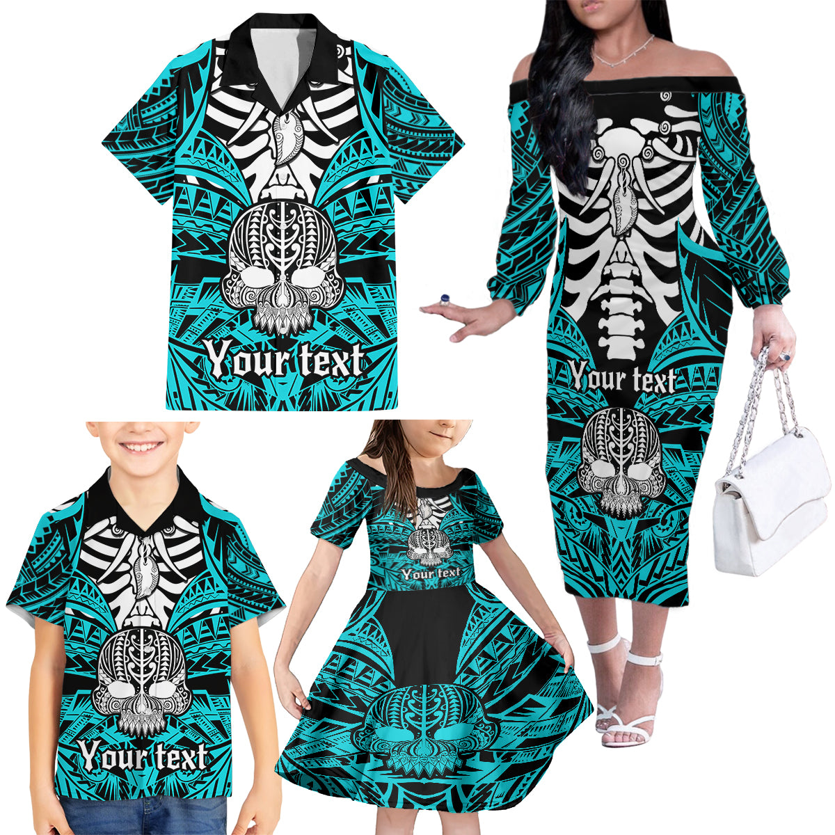 Personalised Polynesia Skull Family Matching Off Shoulder Long Sleeve Dress and Hawaiian Shirt With Boars Tusk Aqua Arty Vibe LT9 - Polynesian Pride