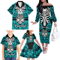 Personalised Polynesia Skull Family Matching Off Shoulder Long Sleeve Dress and Hawaiian Shirt With Boars Tusk Aqua Arty Vibe LT9 - Polynesian Pride