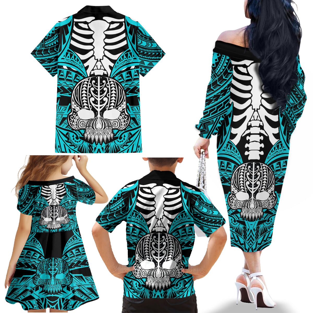 Personalised Polynesia Skull Family Matching Off Shoulder Long Sleeve Dress and Hawaiian Shirt With Boars Tusk Aqua Arty Vibe LT9 - Polynesian Pride