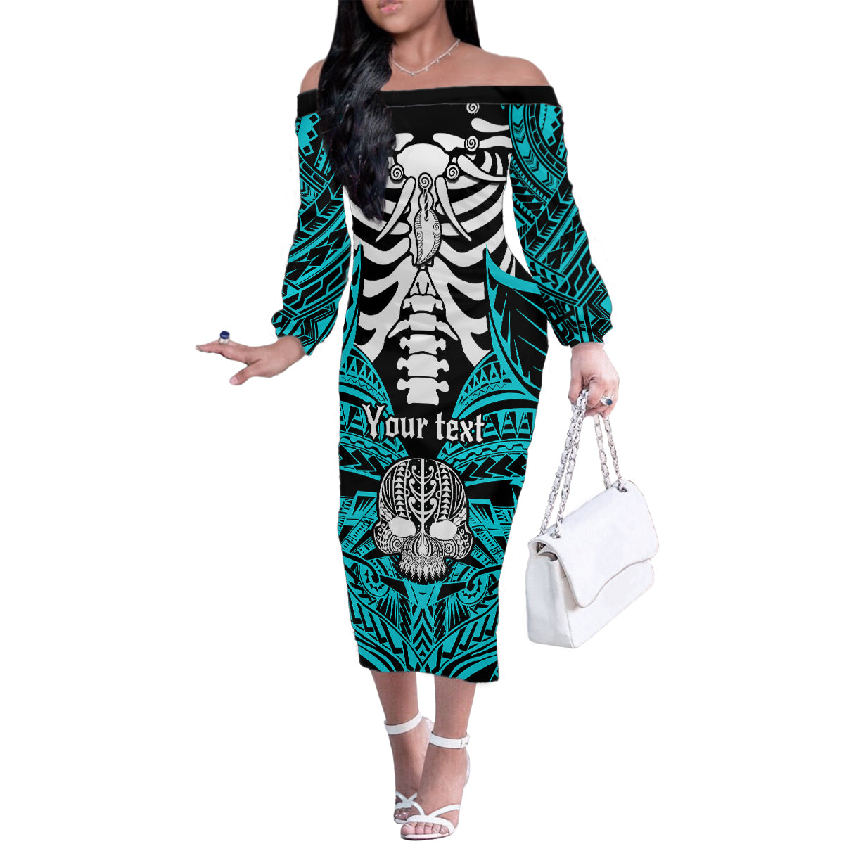 Personalised Polynesia Skull Family Matching Off Shoulder Long Sleeve Dress and Hawaiian Shirt With Boars Tusk Aqua Arty Vibe LT9 Mom's Dress Aqua - Polynesian Pride