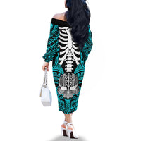 Personalised Polynesia Skull Family Matching Off Shoulder Long Sleeve Dress and Hawaiian Shirt With Boars Tusk Aqua Arty Vibe LT9 - Polynesian Pride