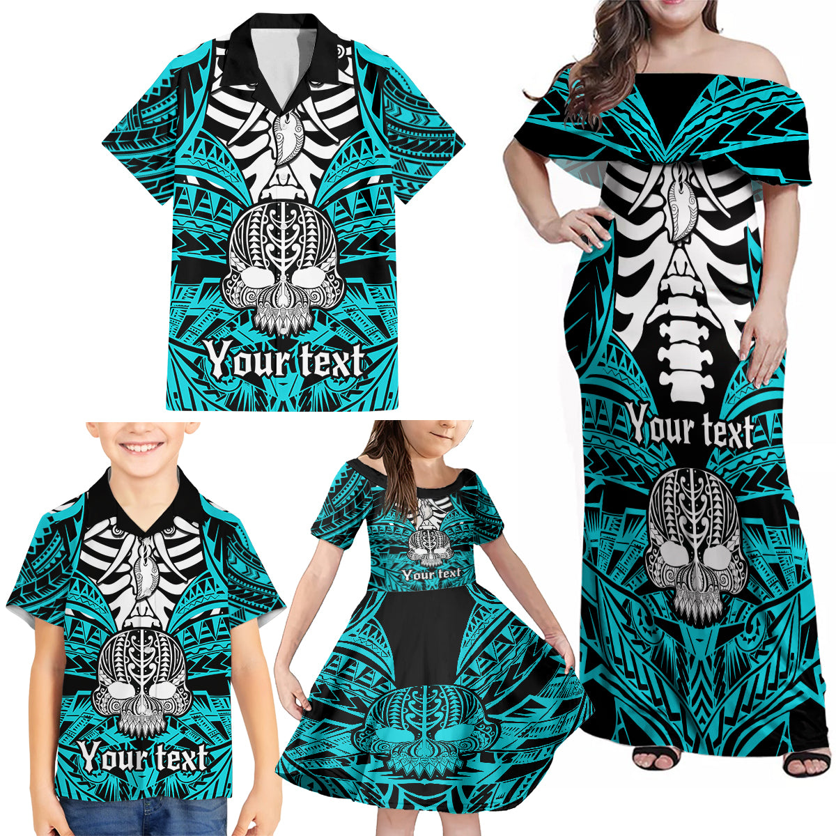 Personalised Polynesia Skull Family Matching Off Shoulder Maxi Dress and Hawaiian Shirt With Boars Tusk Aqua Arty Vibe LT9 - Polynesian Pride