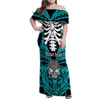 Personalised Polynesia Skull Family Matching Off Shoulder Maxi Dress and Hawaiian Shirt With Boars Tusk Aqua Arty Vibe LT9 Mom's Dress Aqua - Polynesian Pride