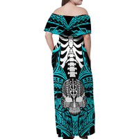 Personalised Polynesia Skull Family Matching Off Shoulder Maxi Dress and Hawaiian Shirt With Boars Tusk Aqua Arty Vibe LT9 - Polynesian Pride