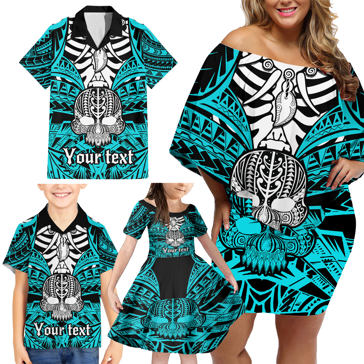 Personalised Polynesia Skull Family Matching Off Shoulder Short Dress and Hawaiian Shirt With Boars Tusk Aqua Arty Vibe LT9 - Polynesian Pride