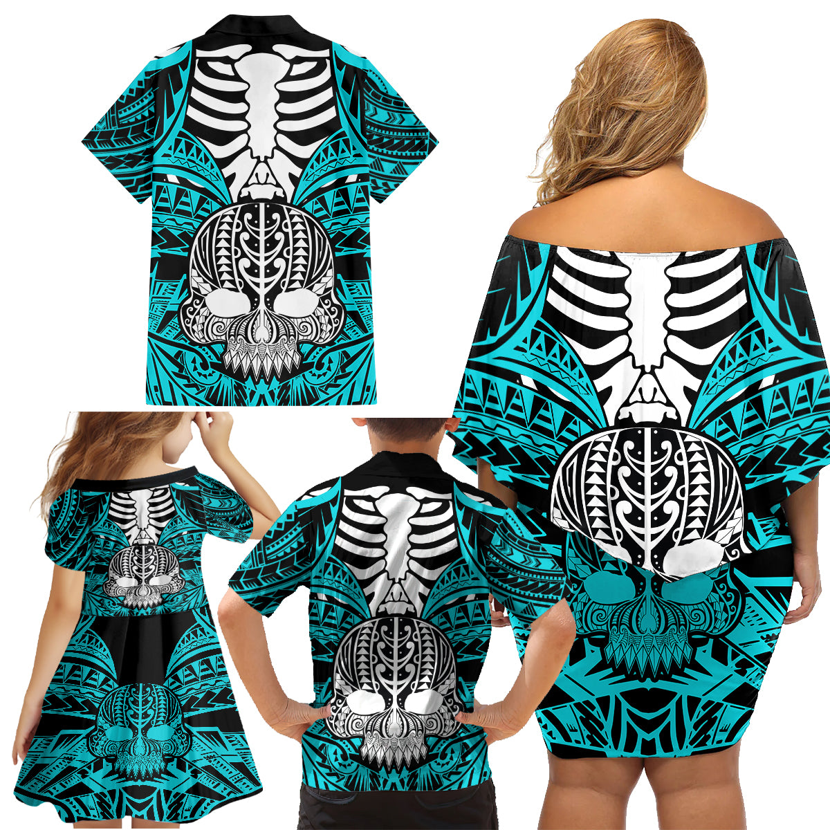Personalised Polynesia Skull Family Matching Off Shoulder Short Dress and Hawaiian Shirt With Boars Tusk Aqua Arty Vibe LT9 - Polynesian Pride