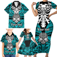 Personalised Polynesia Skull Family Matching Short Sleeve Bodycon Dress and Hawaiian Shirt With Boars Tusk Aqua Arty Vibe LT9 - Polynesian Pride