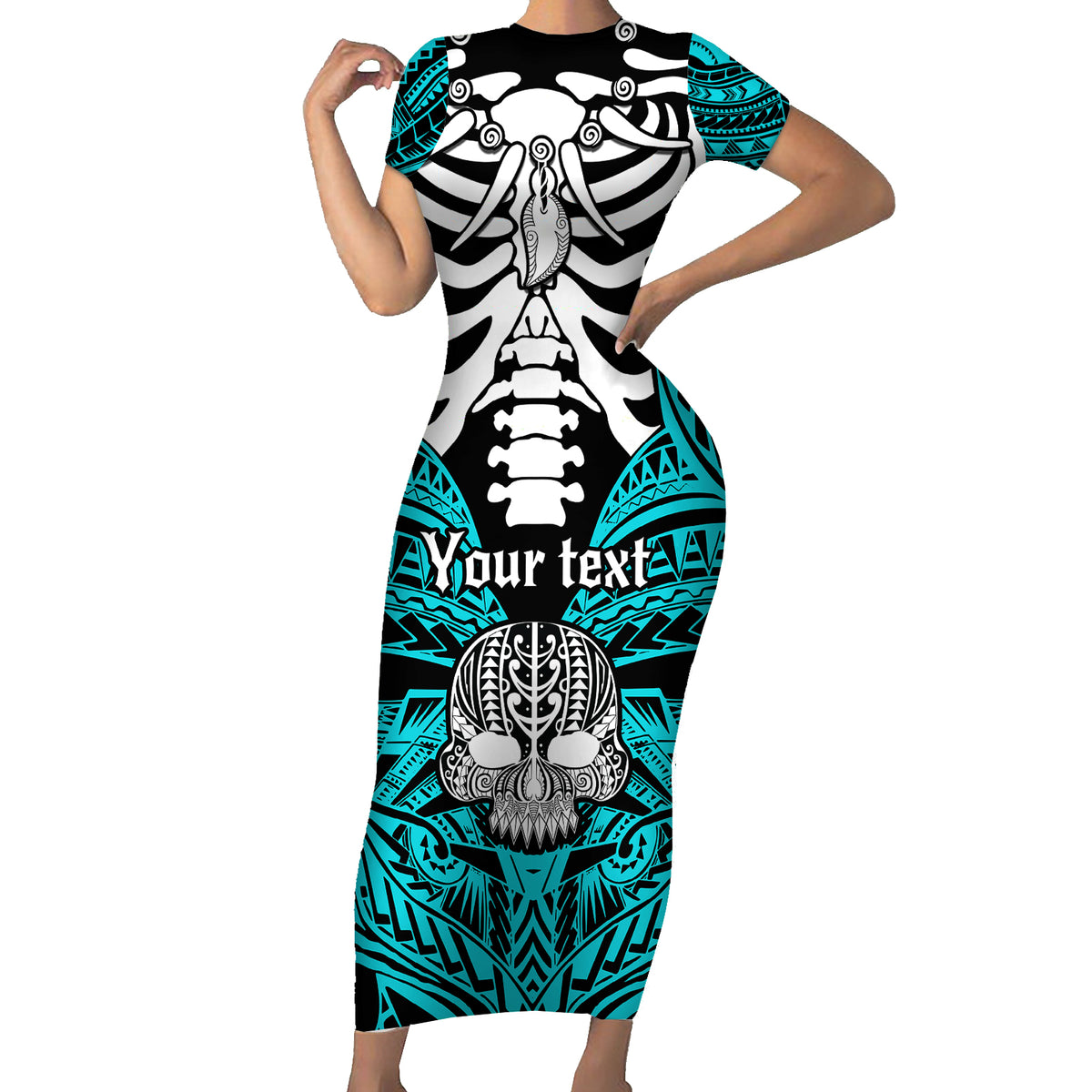 Personalised Polynesia Skull Family Matching Short Sleeve Bodycon Dress and Hawaiian Shirt With Boars Tusk Aqua Arty Vibe LT9 Mom's Dress Aqua - Polynesian Pride